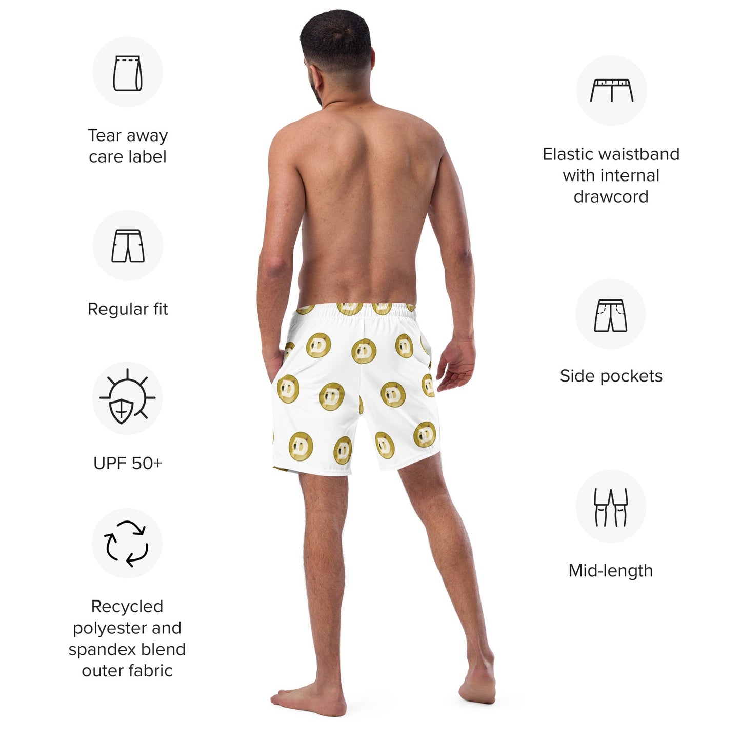 DOGE Dogecoin White Short Shorts Swim Trunks