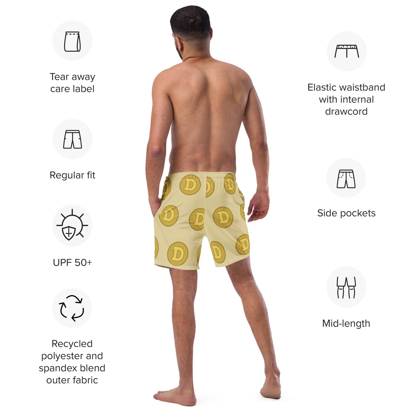 Gold DOGE Short Shorts Swim Trunks