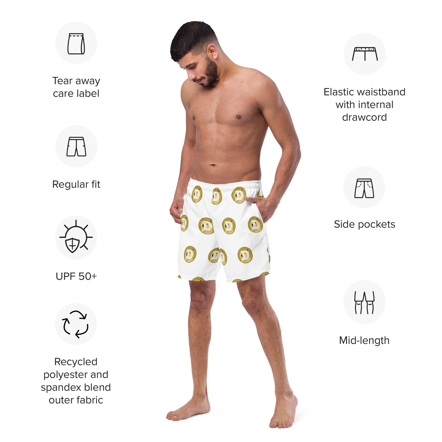 DOGE Dogecoin White Short Shorts Swim Trunks
