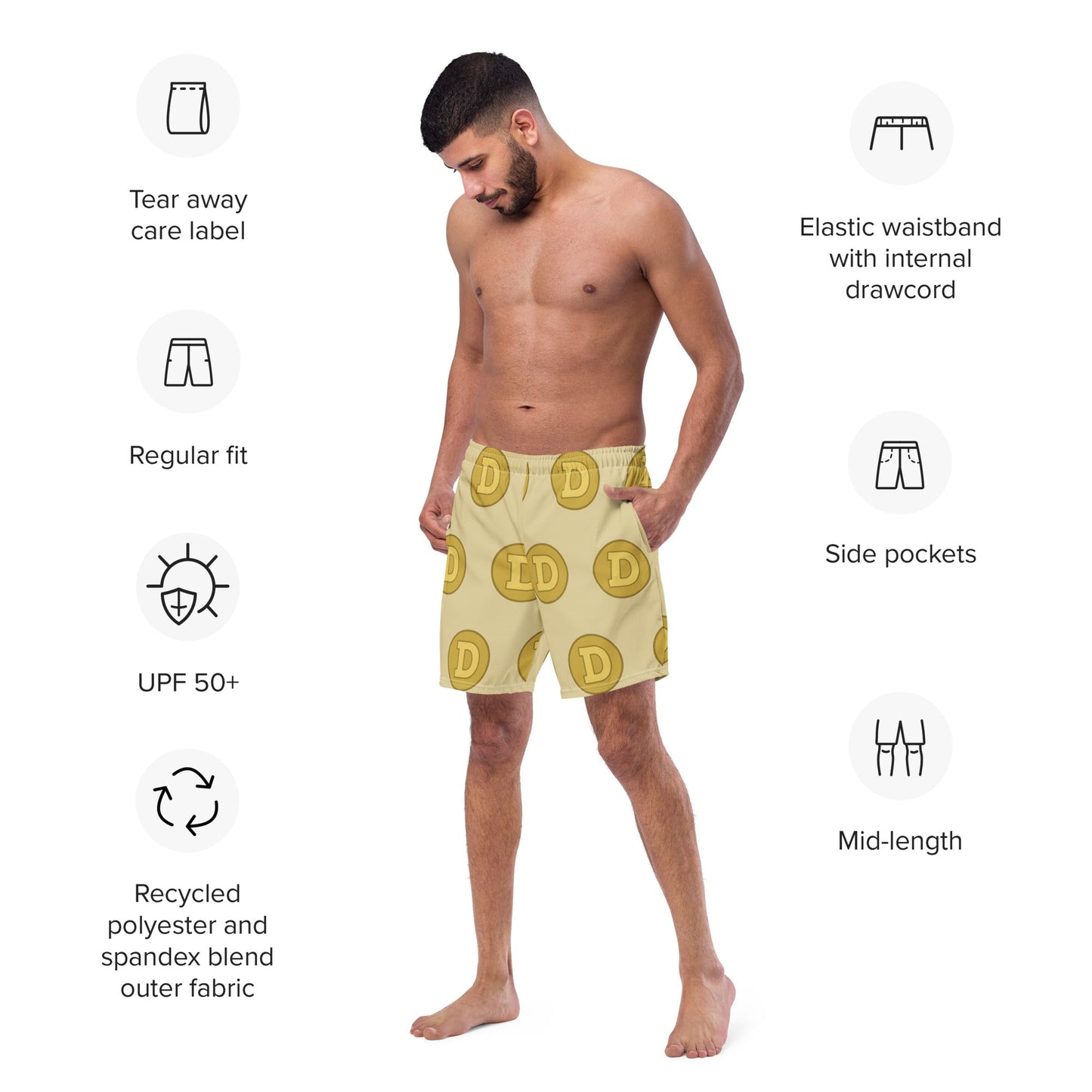 Gold DOGE Short Shorts Swim Trunks
